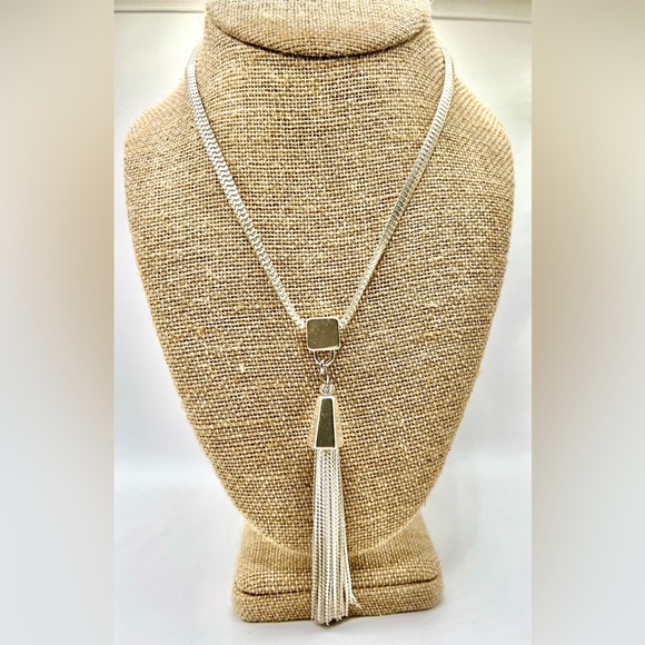 1930's Style Geometric Rhinestone Tassel Necklace - Silver main image 0